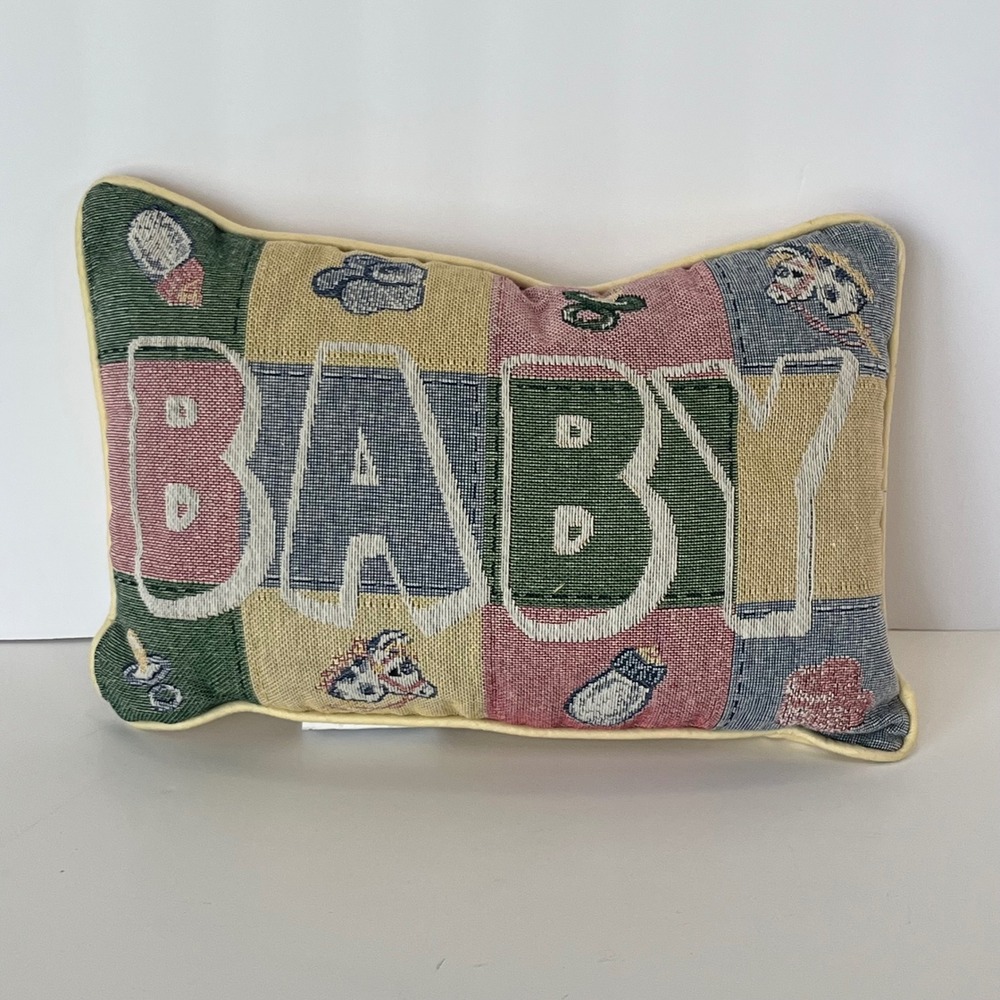 Vintage Woven Tapestry Baby Block Accent Pillow Nursery Decor Multi-Color 12x8